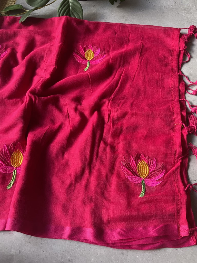 Pink Lotus Embroidery Mul Cotton Saree