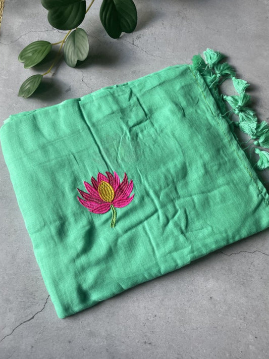 Green Lotus Embroidery Mul Cotton Saree