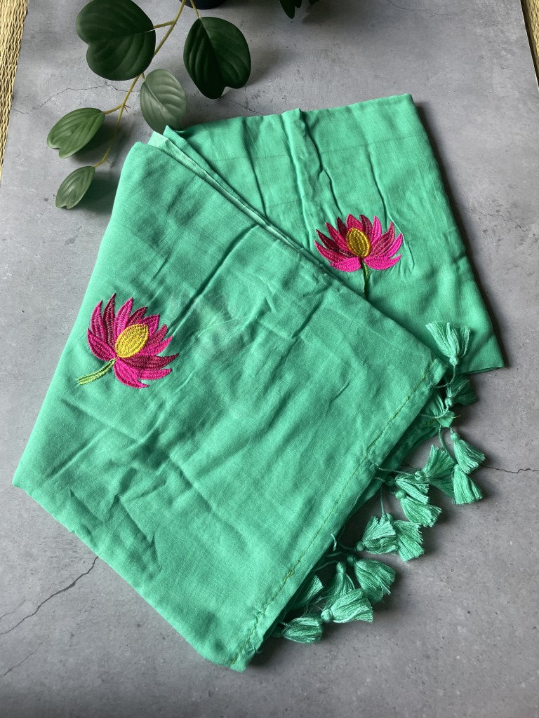 Green Lotus Embroidery Mul Cotton Saree