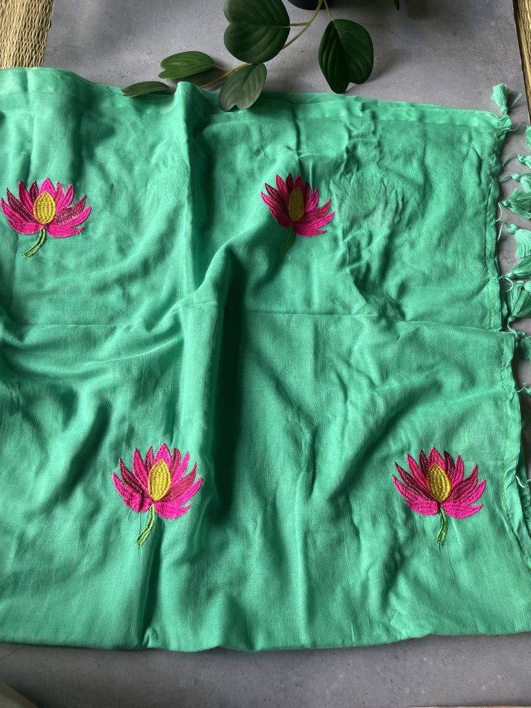 Green Lotus Embroidery Mul Cotton Saree