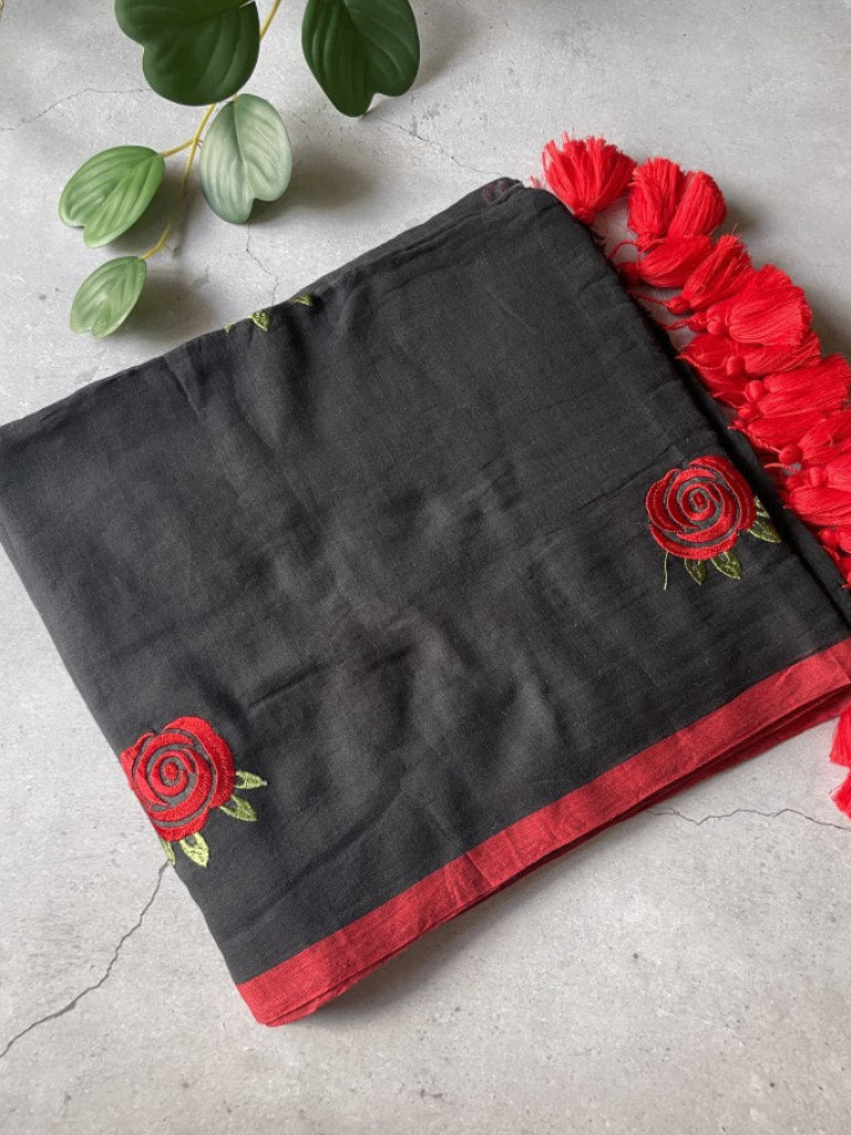 Black Rose Embroidery Mul Cotton Saree