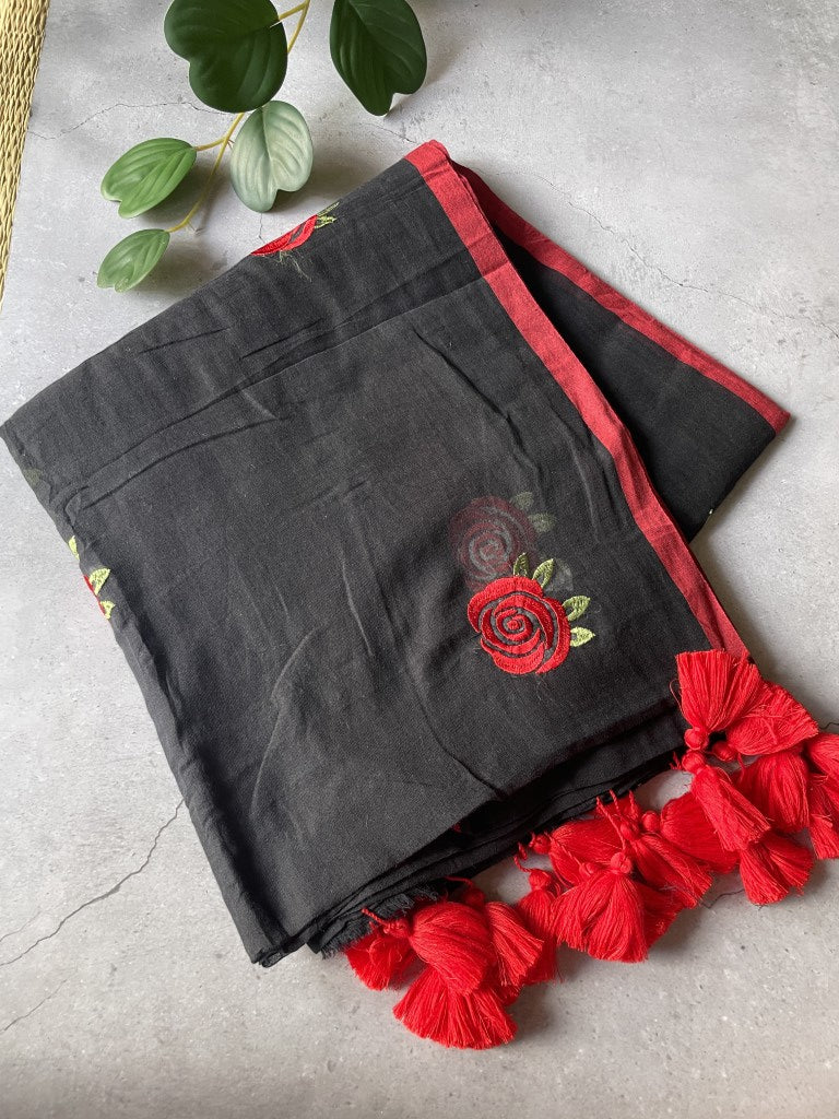 Black Rose Embroidery Mul Cotton Saree