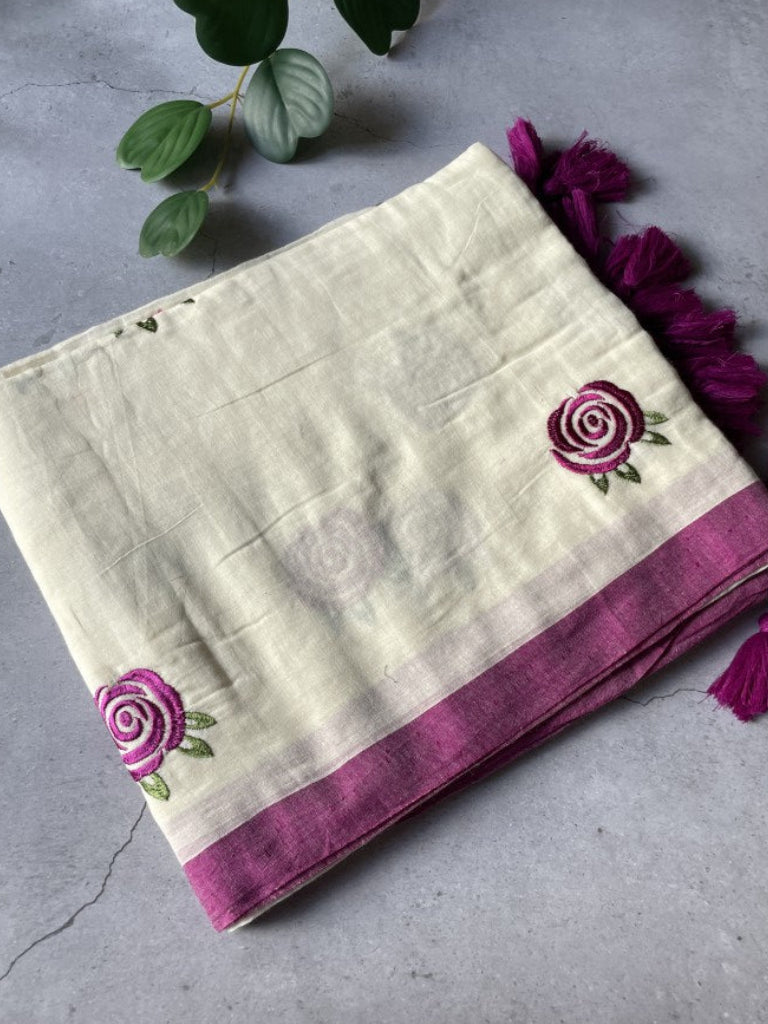 White Rose Embroidery Mul Cotton Saree