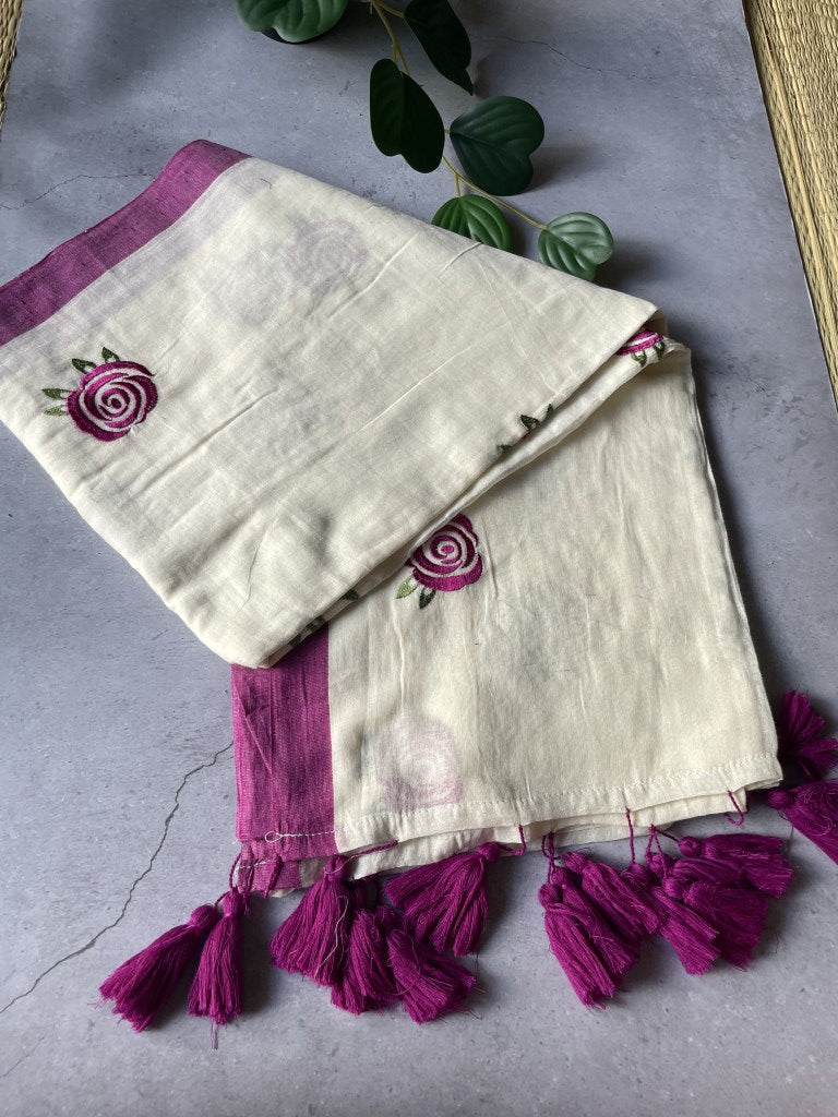 White Rose Embroidery Mul Cotton Saree