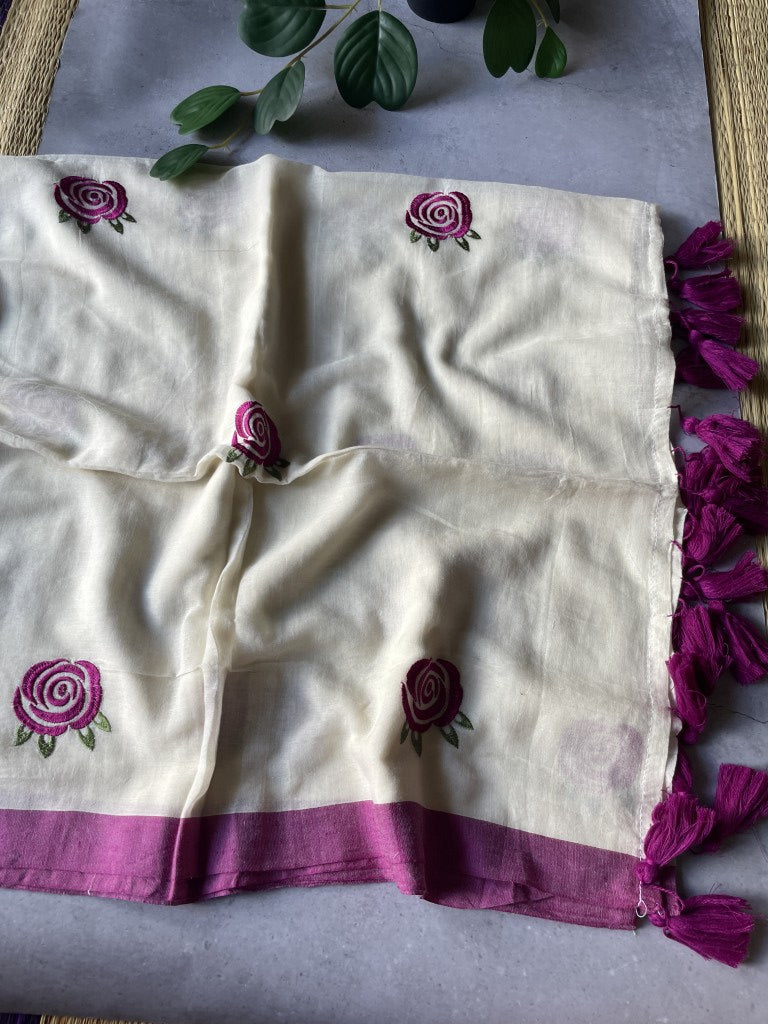 White Rose Embroidery Mul Cotton Saree