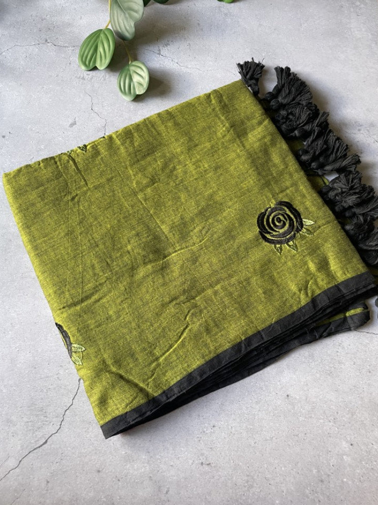 Olive Green Rose Embroidery Mul Cotton Saree