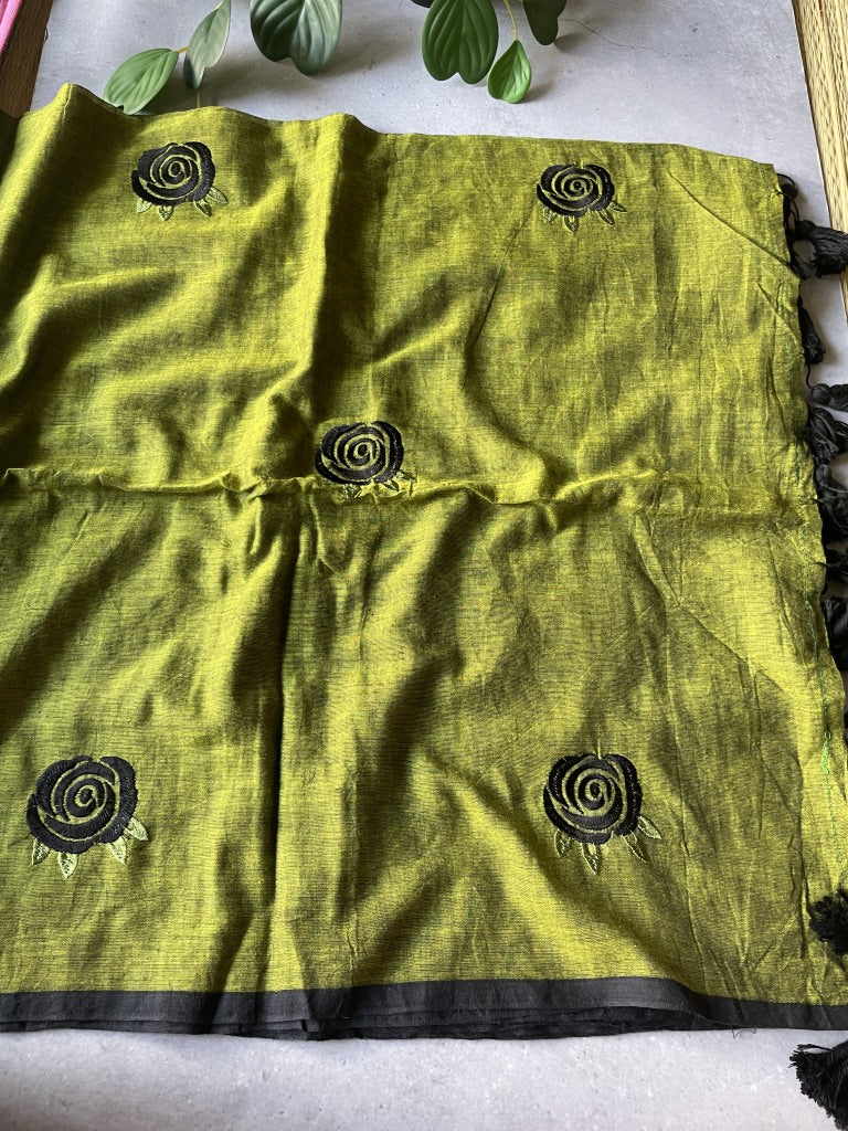 Olive Green Rose Embroidery Mul Cotton Saree