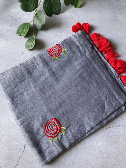 Grey Rose Embroidery Mul Cotton Saree