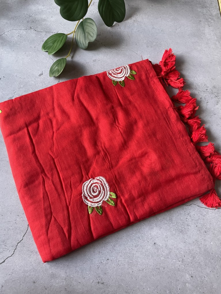 Red Rose Embroidery Mul Cotton Saree