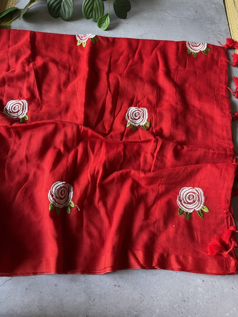 Red Rose Embroidery Mul Cotton Saree