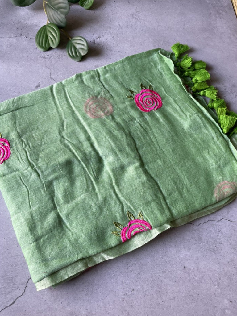 Green Rose Embroidery Mul Cotton Saree