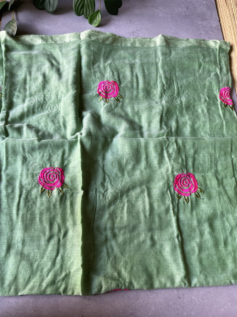 Green Rose Embroidery Mul Cotton Saree