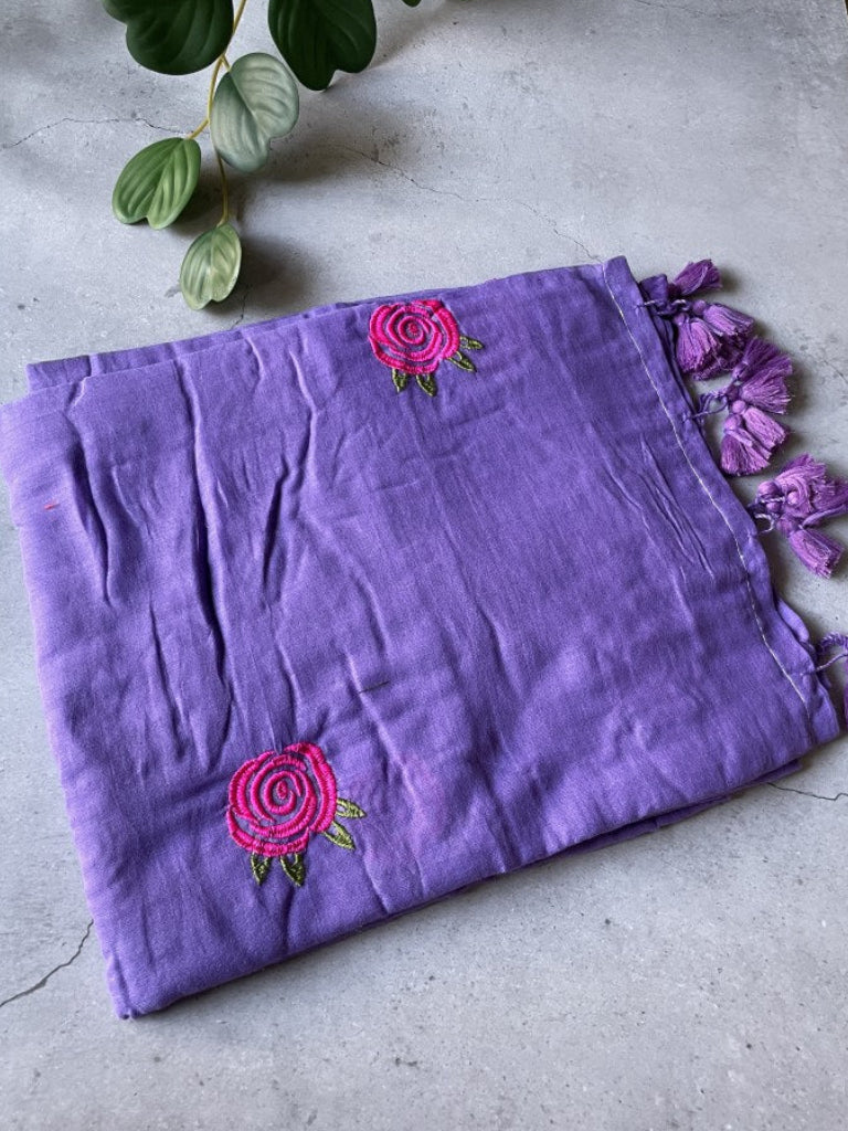 Lavender Rose Embroidery Mul Cotton Saree