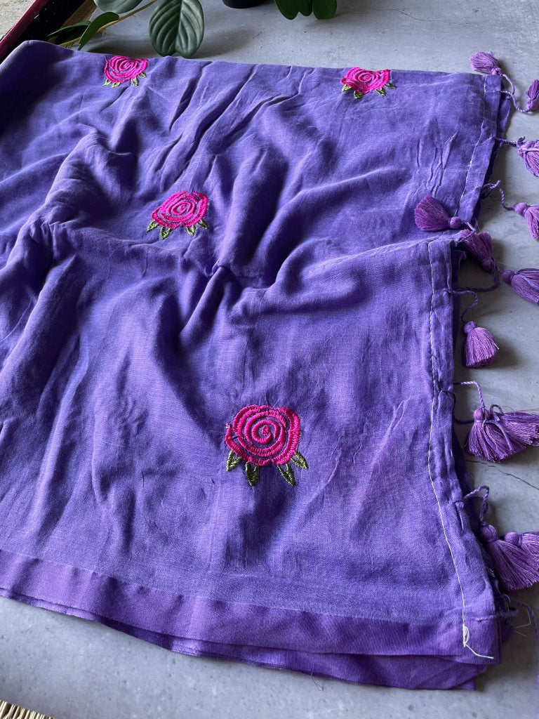 Lavender Rose Embroidery Mul Cotton Saree