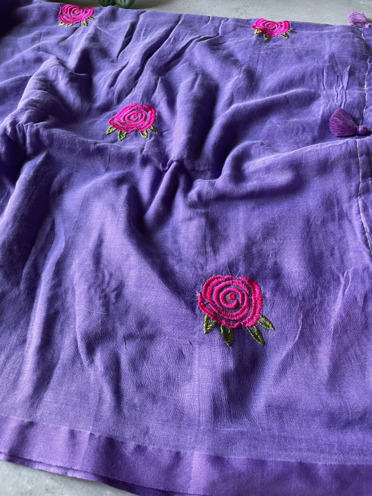 Lavender Rose Embroidery Mul Cotton Saree