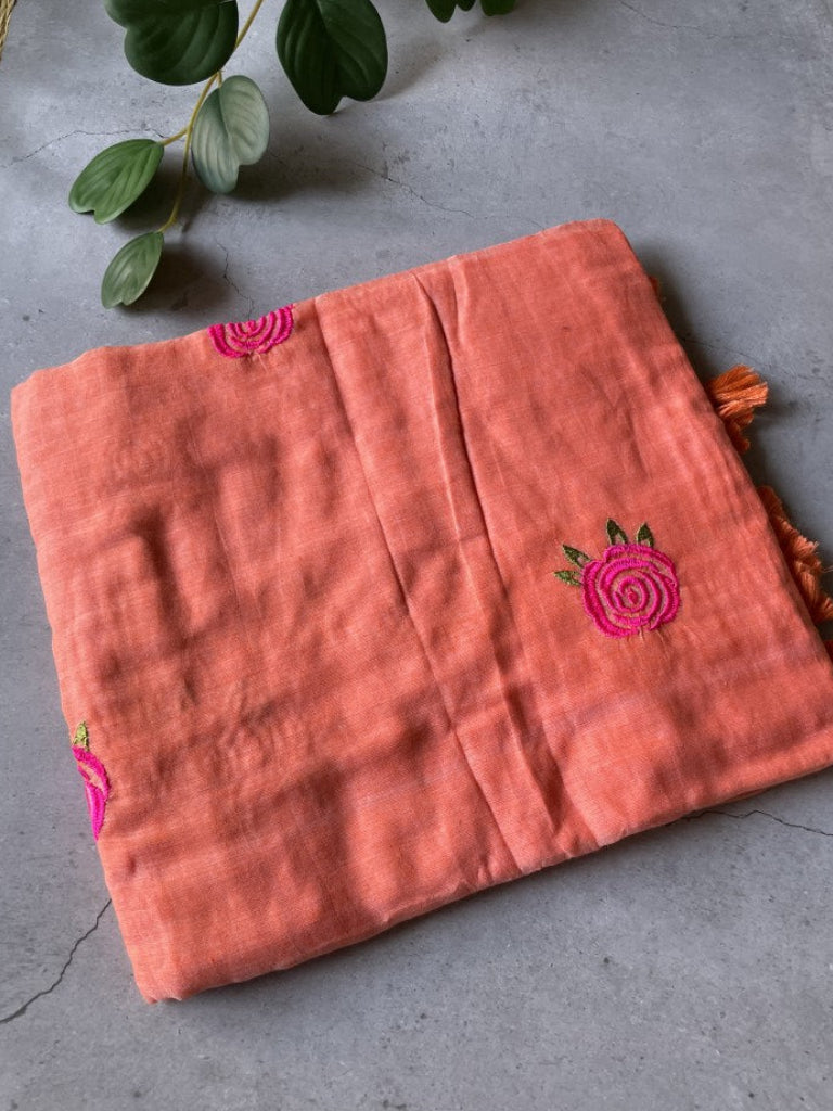 Peach Rose Embroidery Mul Cotton Saree