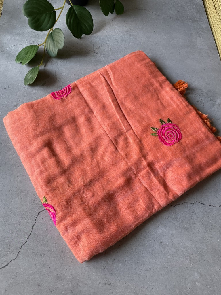 Peach Rose Embroidery Mul Cotton Saree