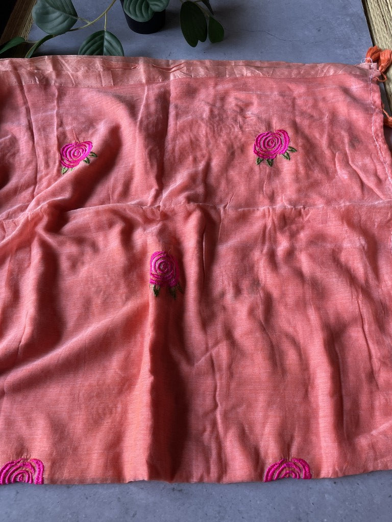 Peach Rose Embroidery Mul Cotton Saree
