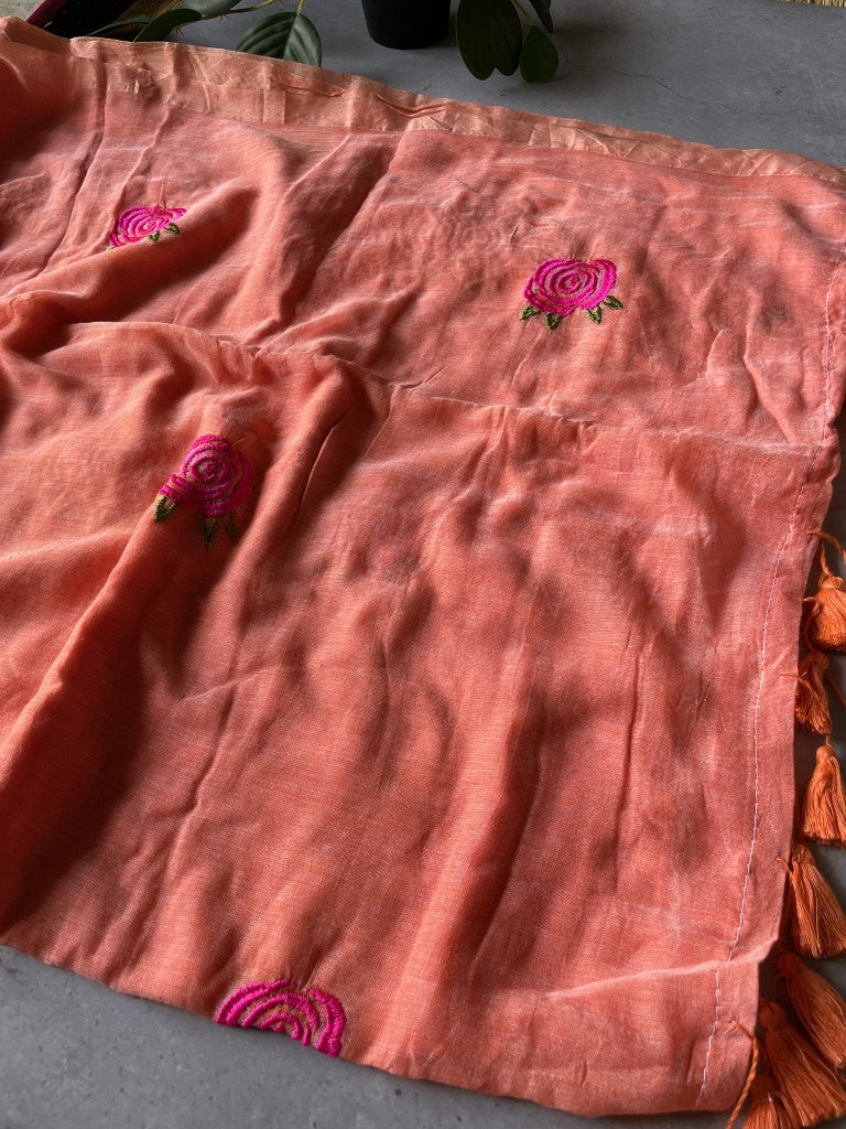Peach Rose Embroidery Mul Cotton Saree