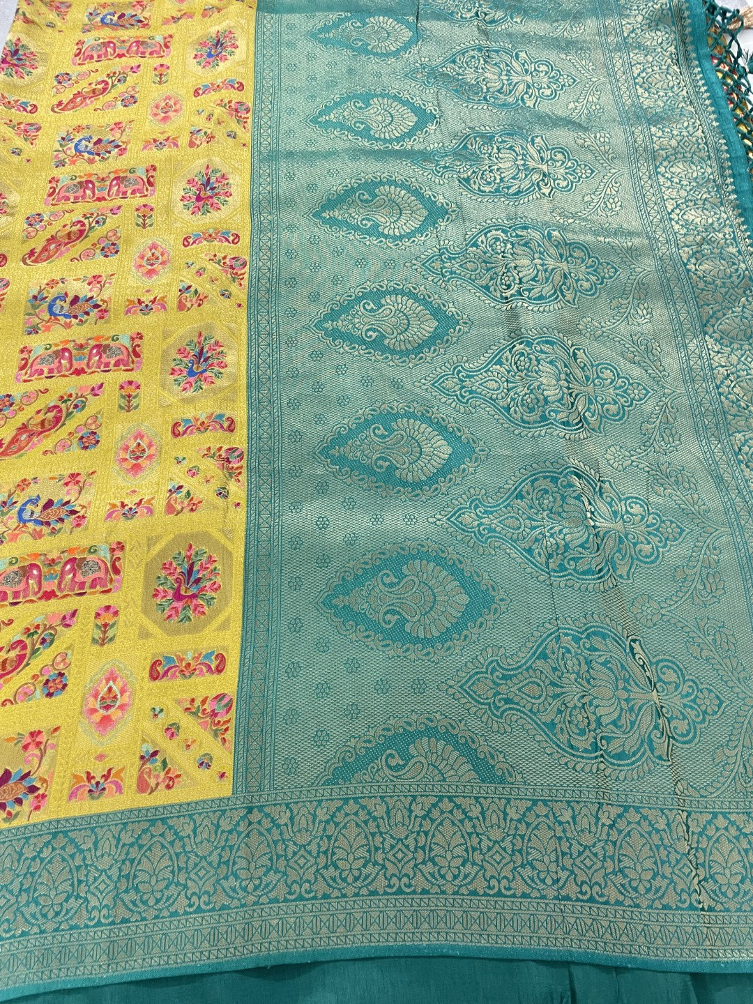 Yellow Pashmina Tissue Silk Saree