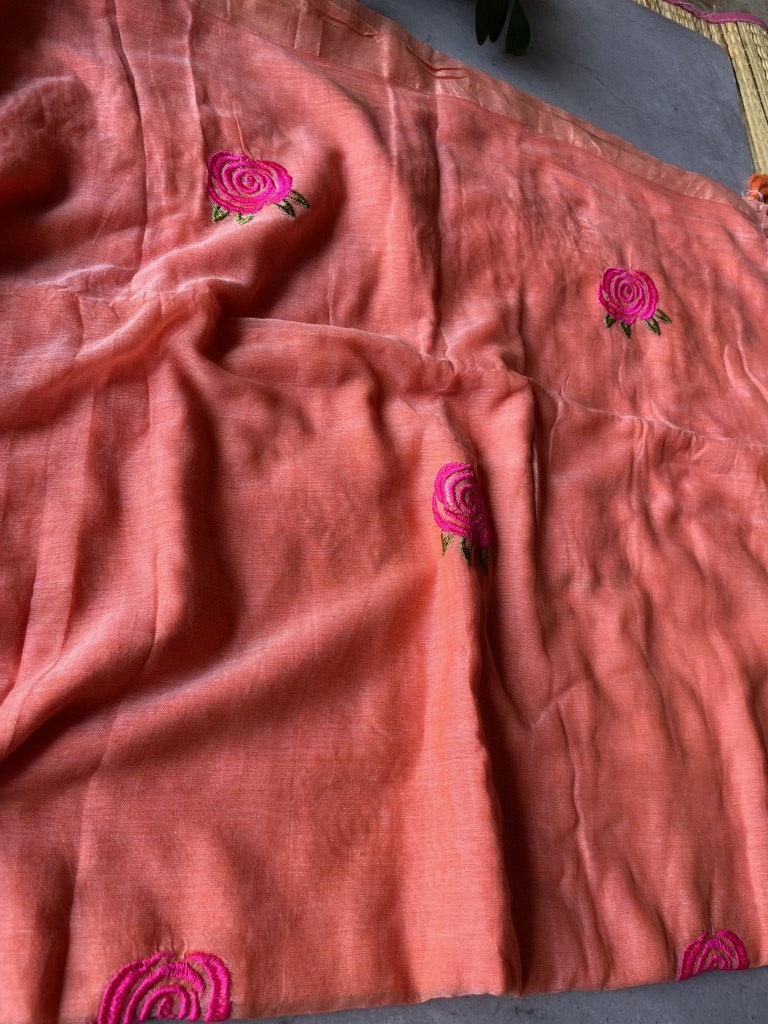 Peach Rose Embroidery Mul Cotton Saree