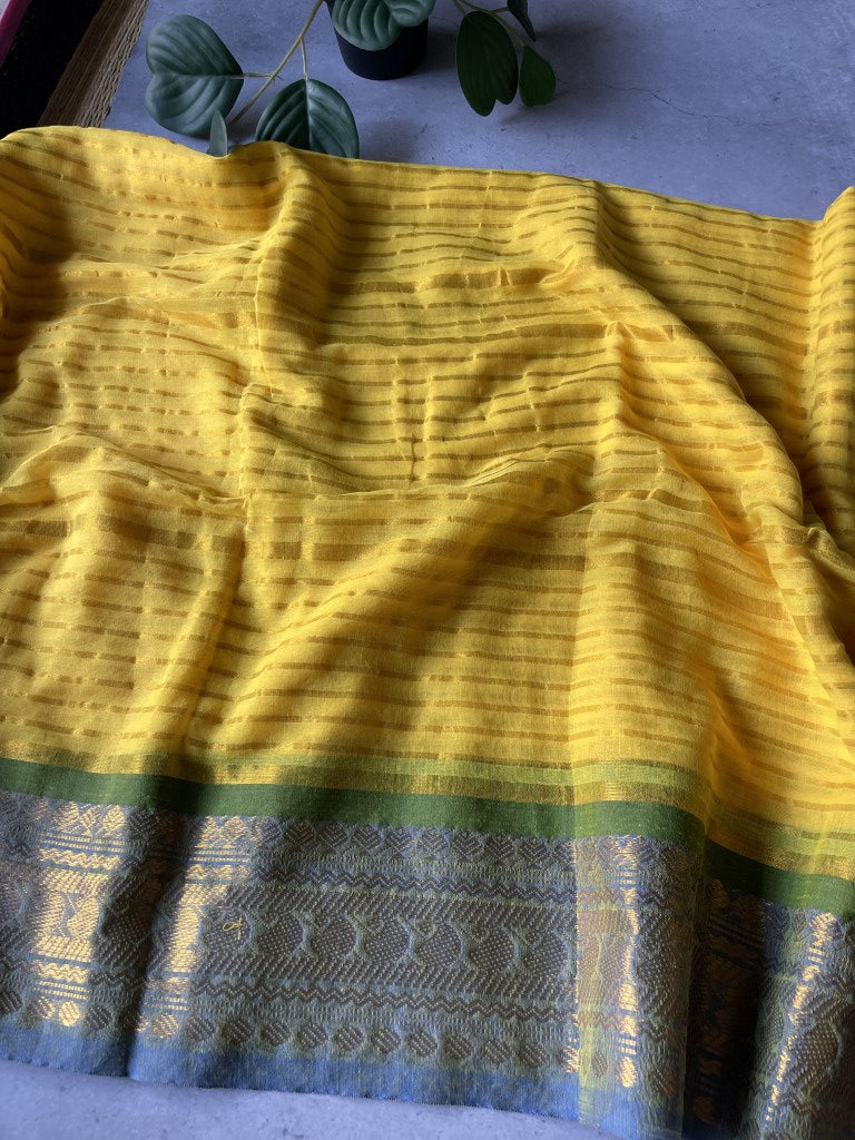 Yellow Kanchi Border Mul Cotton Saree