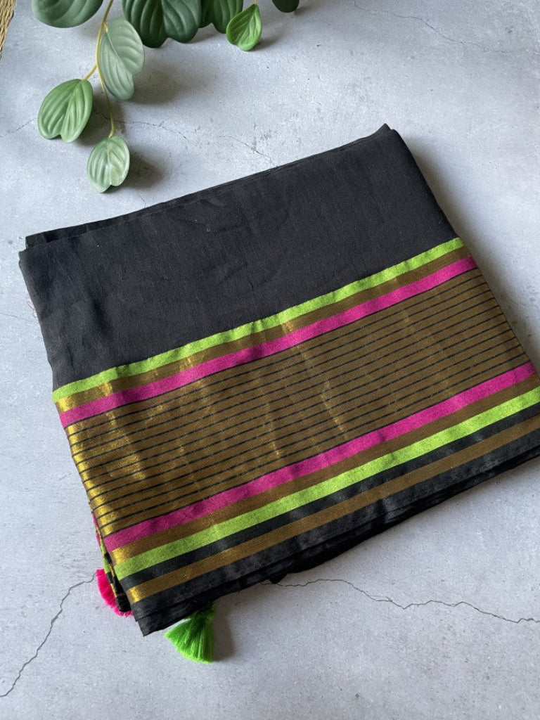 Black Kanchi Border Mul Cotton Saree