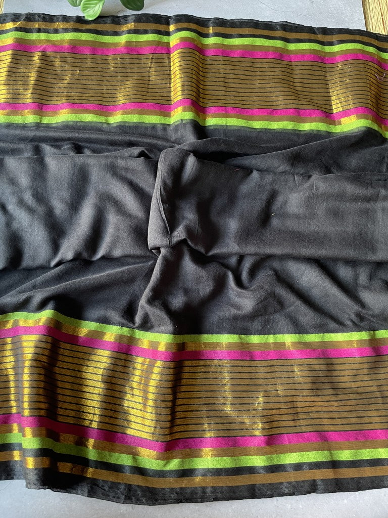 Black Kanchi Border Mul Cotton Saree