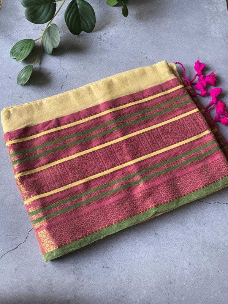 Off White Kanchi Border Mul Cotton Saree