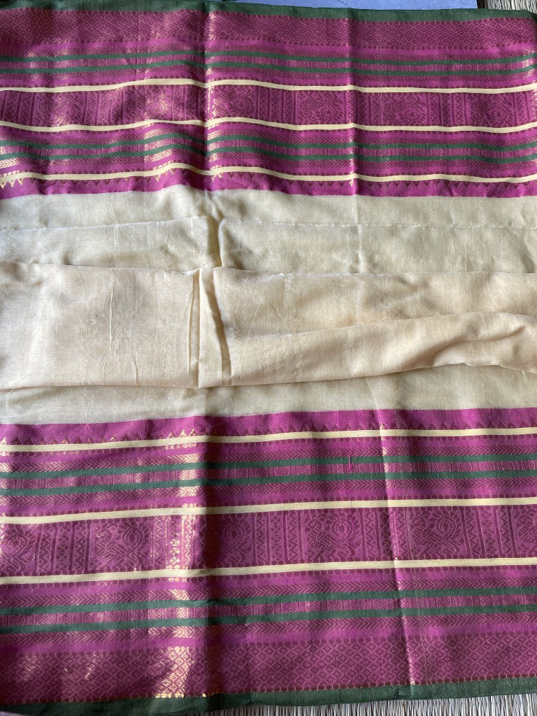 Off White Kanchi Border Mul Cotton Saree
