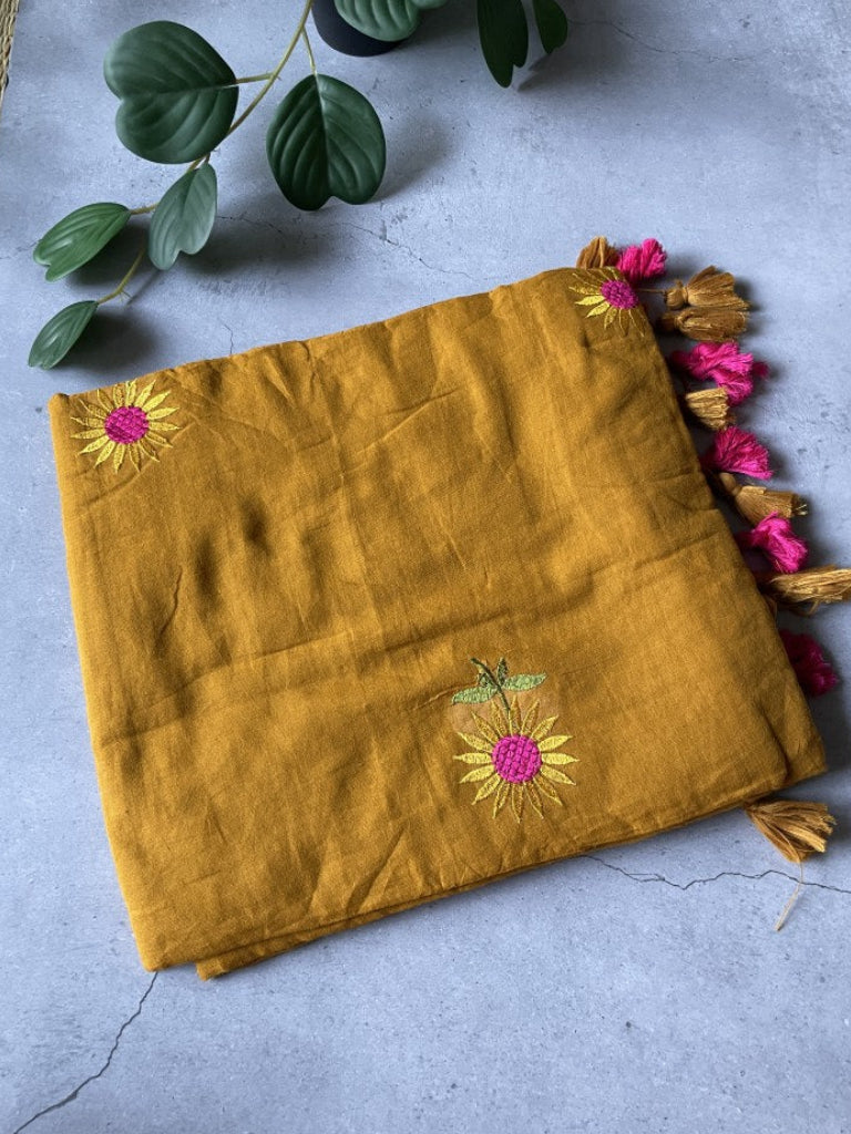 Mustard Sunflower Embroidery Mul Cotton Saree