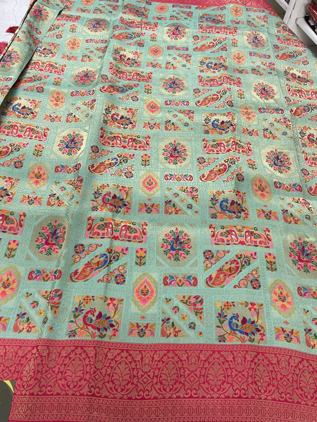 Green Pashmina Tissue Silk Saree
