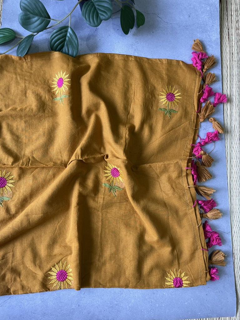 Mustard Sunflower Embroidery Mul Cotton Saree