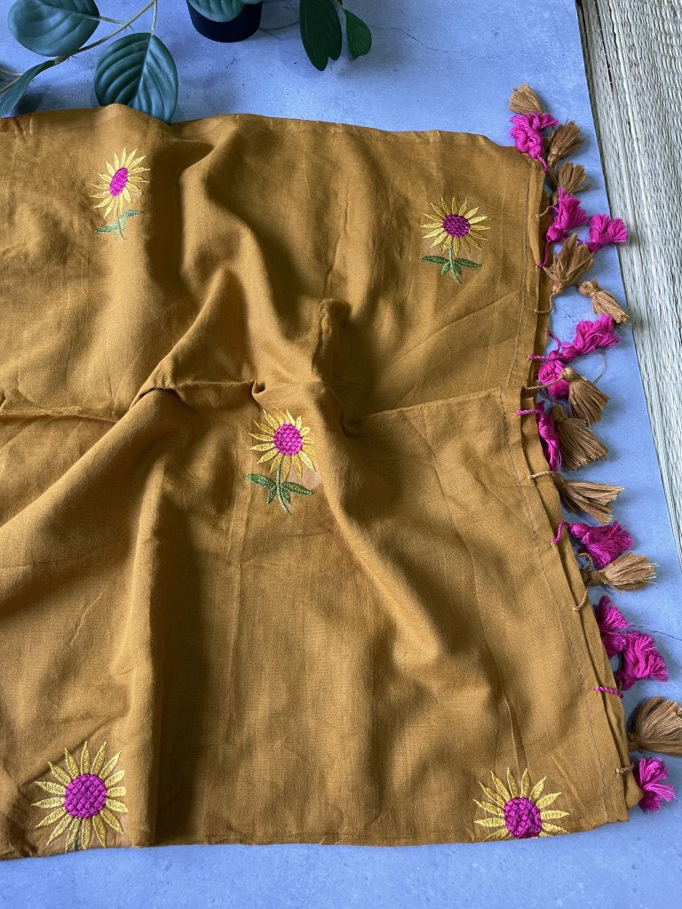 Mustard Sunflower Embroidery Mul Cotton Saree