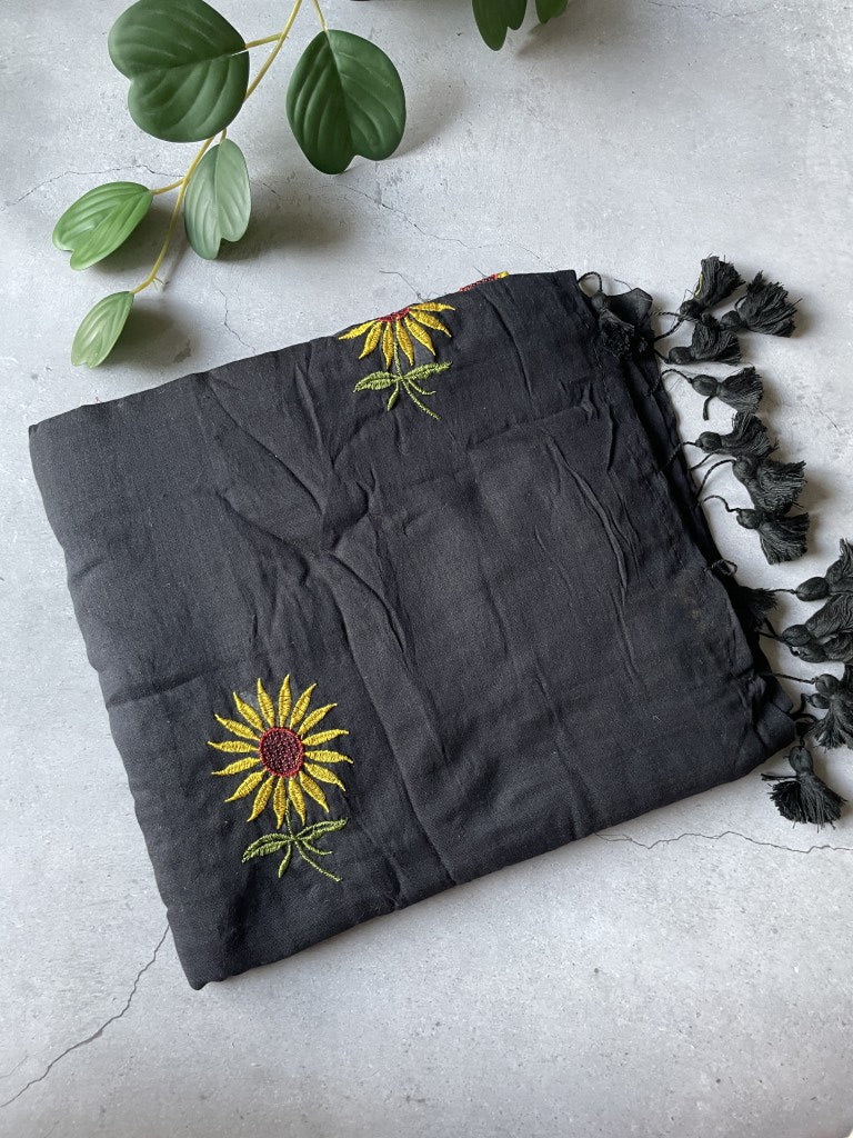 Black Sunflower Embroidery Mul Cotton Saree