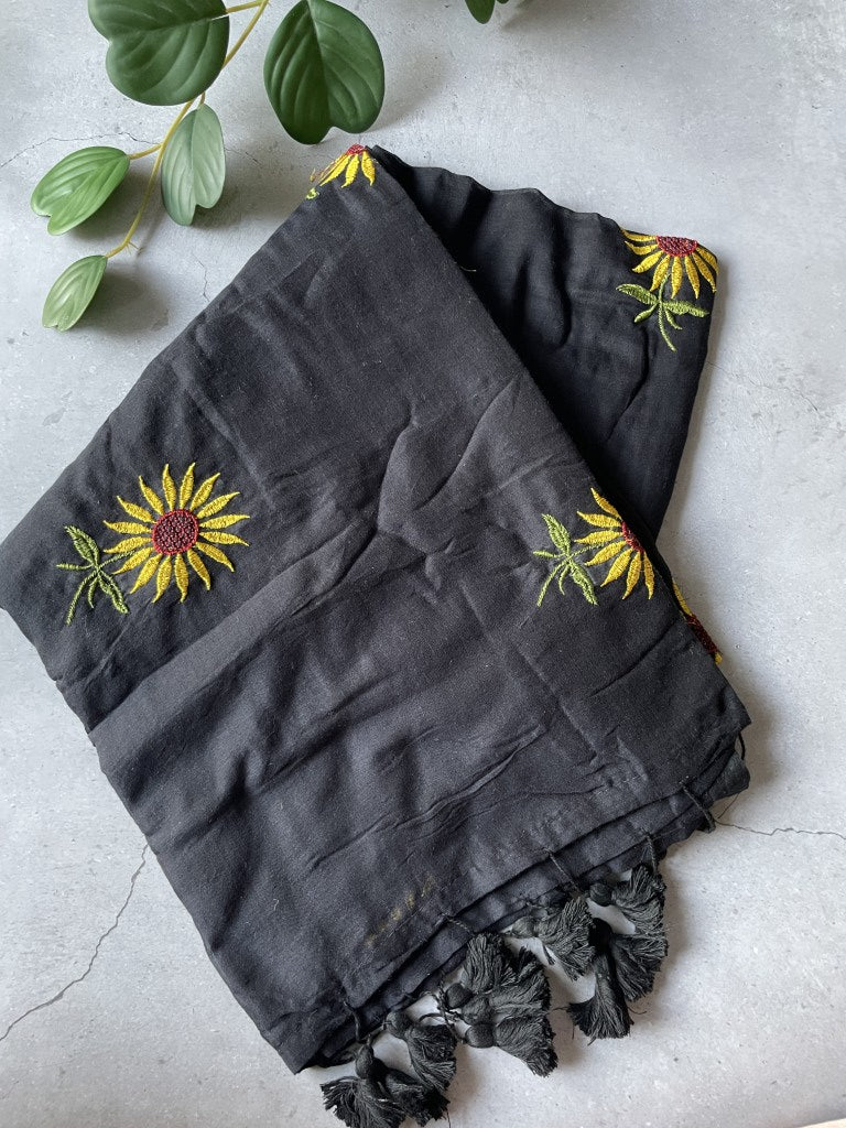Black Sunflower Embroidery Mul Cotton Saree