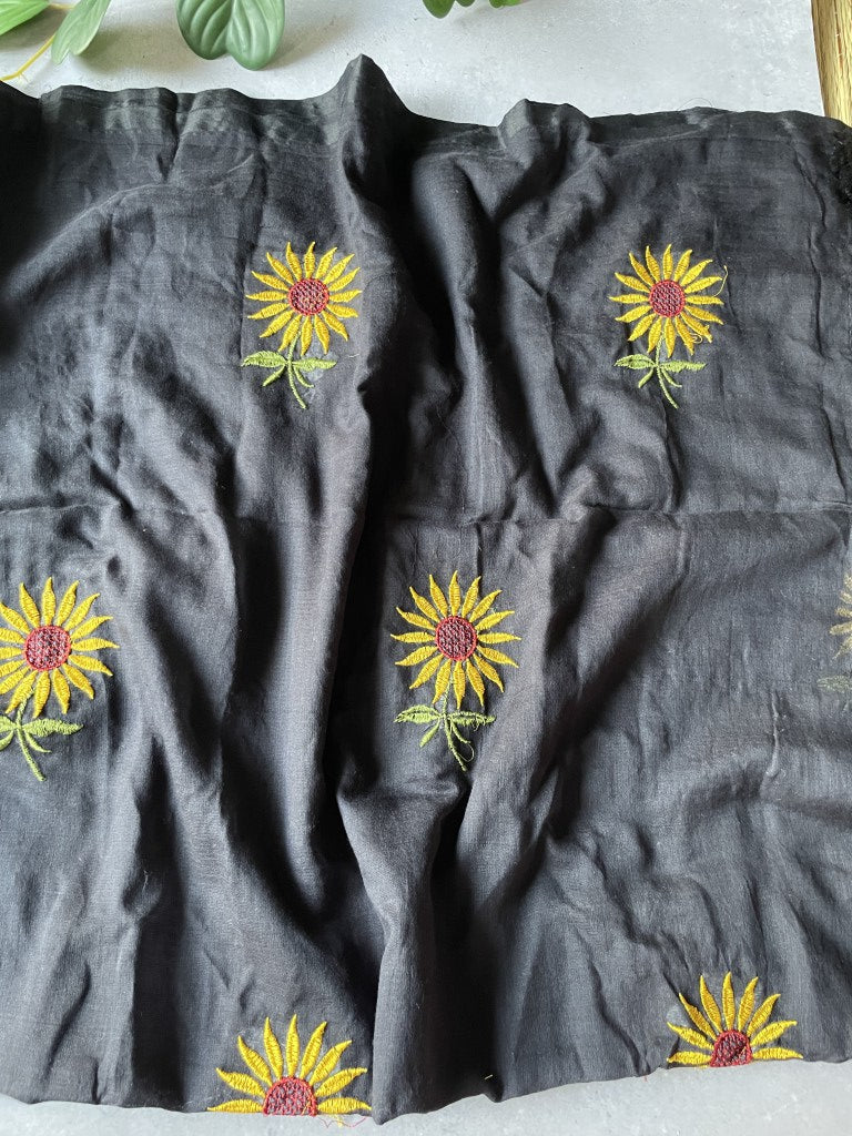 Black Sunflower Embroidery Mul Cotton Saree