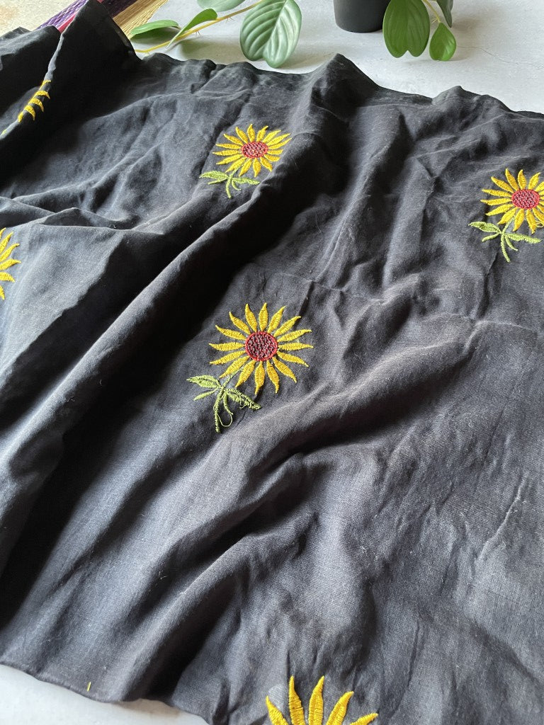 Black Sunflower Embroidery Mul Cotton Saree