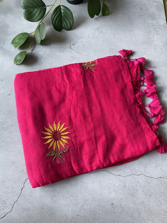 Pink Sunflower Embroidery Mul Cotton Saree