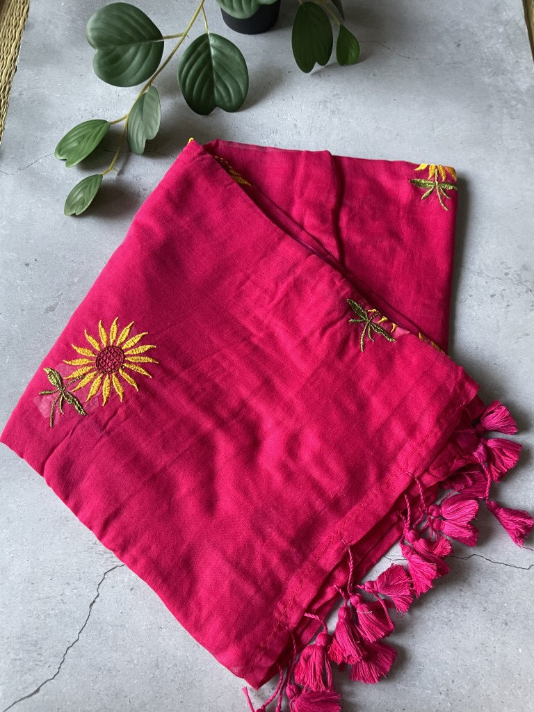 Pink Sunflower Embroidery Mul Cotton Saree