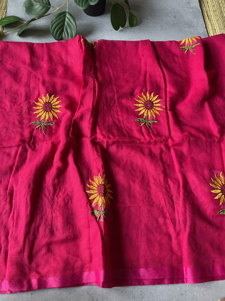 Pink Sunflower Embroidery Mul Cotton Saree