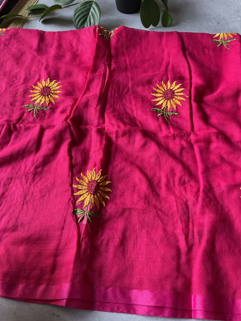 Pink Sunflower Embroidery Mul Cotton Saree
