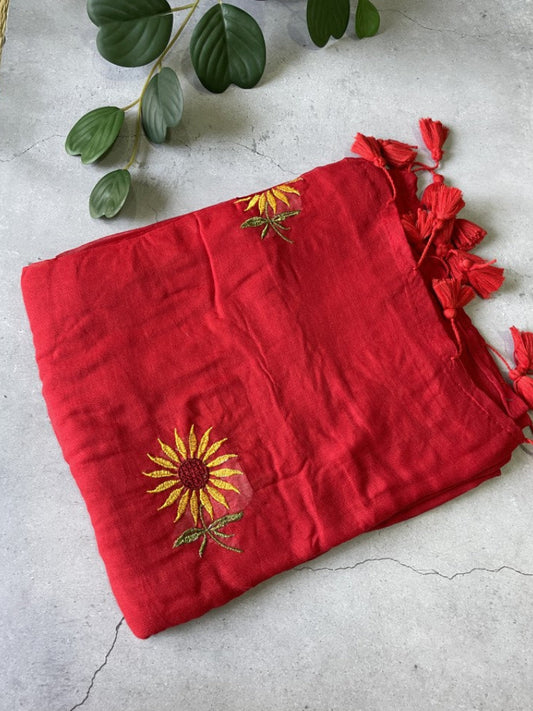 Red Sunflower Embroidery Mul Cotton Saree