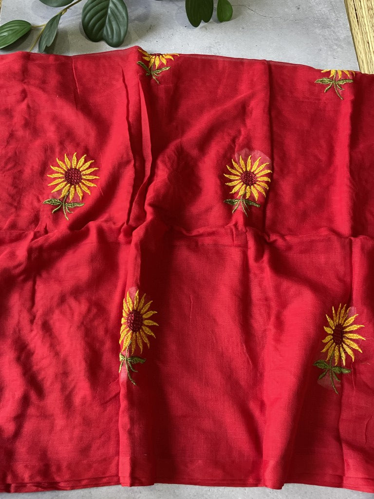 Red Sunflower Embroidery Mul Cotton Saree