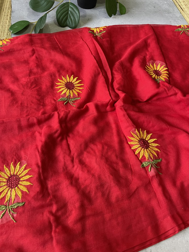 Red Sunflower Embroidery Mul Cotton Saree