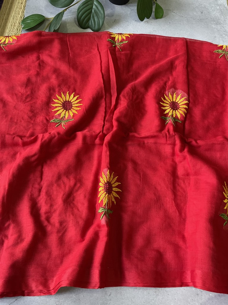 Red Sunflower Embroidery Mul Cotton Saree