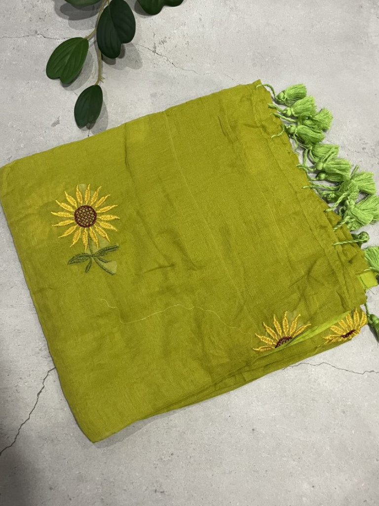 Green Sunflower Embroidery Mul Cotton Saree