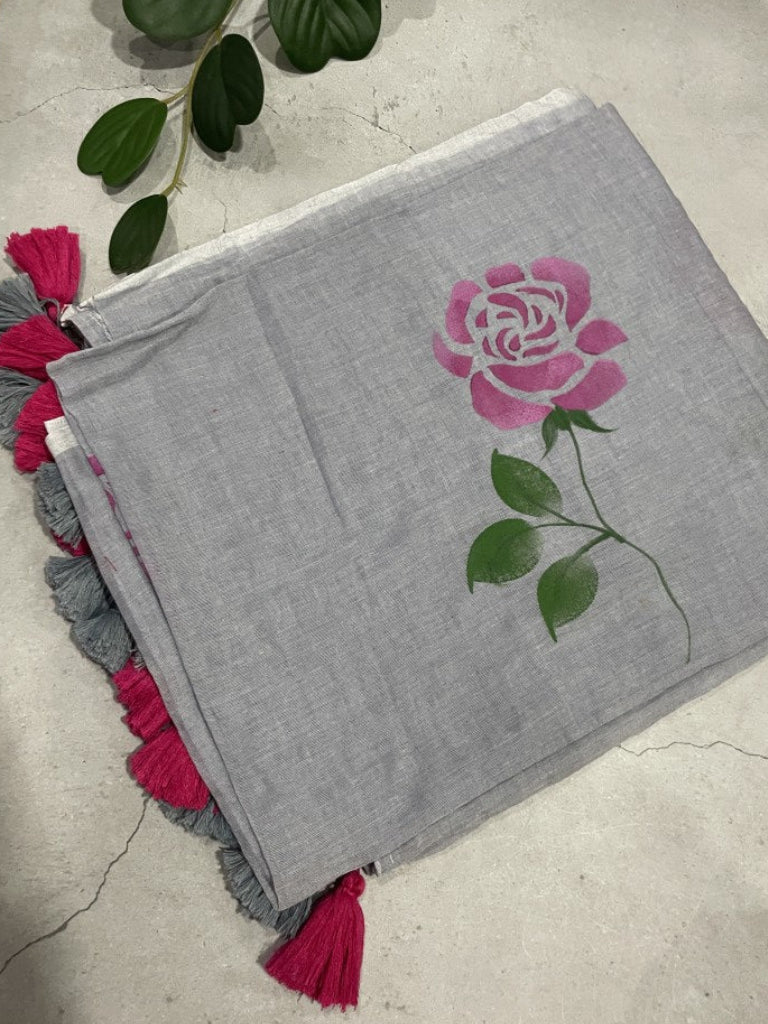 Grey Handpaint Mul Cotton Saree