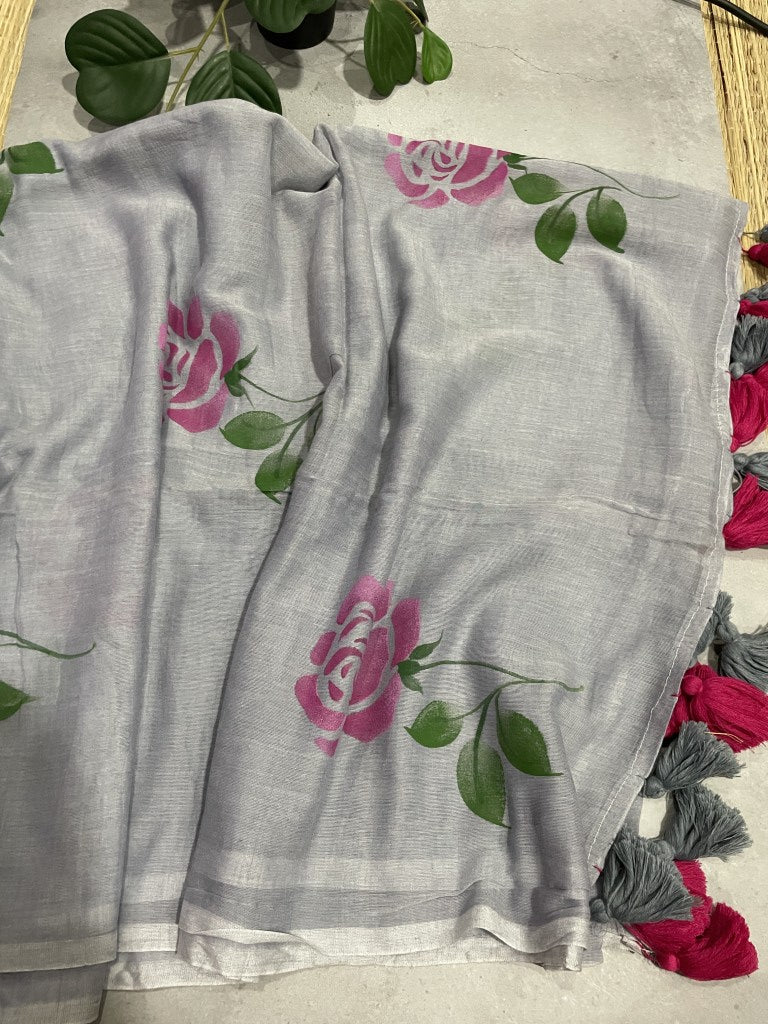 Grey Handpaint Mul Cotton Saree