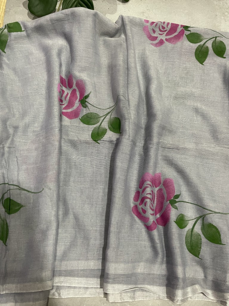 Grey Handpaint Mul Cotton Saree